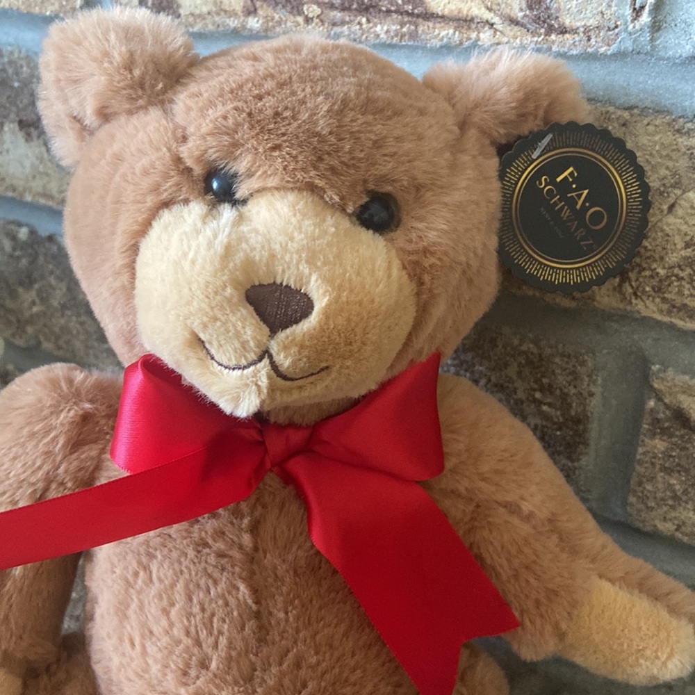 NWT! F. A. O. Schwarz Classic Soft Plush Teddy Bear with Red Satin Bow